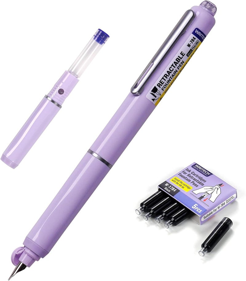 WRITECH Fountain Pen Fine Nib: Retractable Black Ink Pens Set Includes 5 Ink Cartridges Smooth Writing for Calligraphy Sketching Journaling Gift (Purple) - Image 1